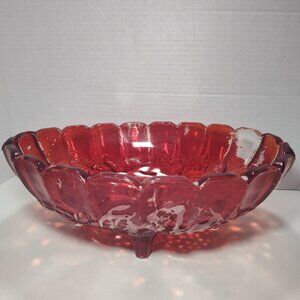 Vintage Ruby Red Pressed Glass Fruit Bowl Grapes Pattern 4 Footed Scalloped